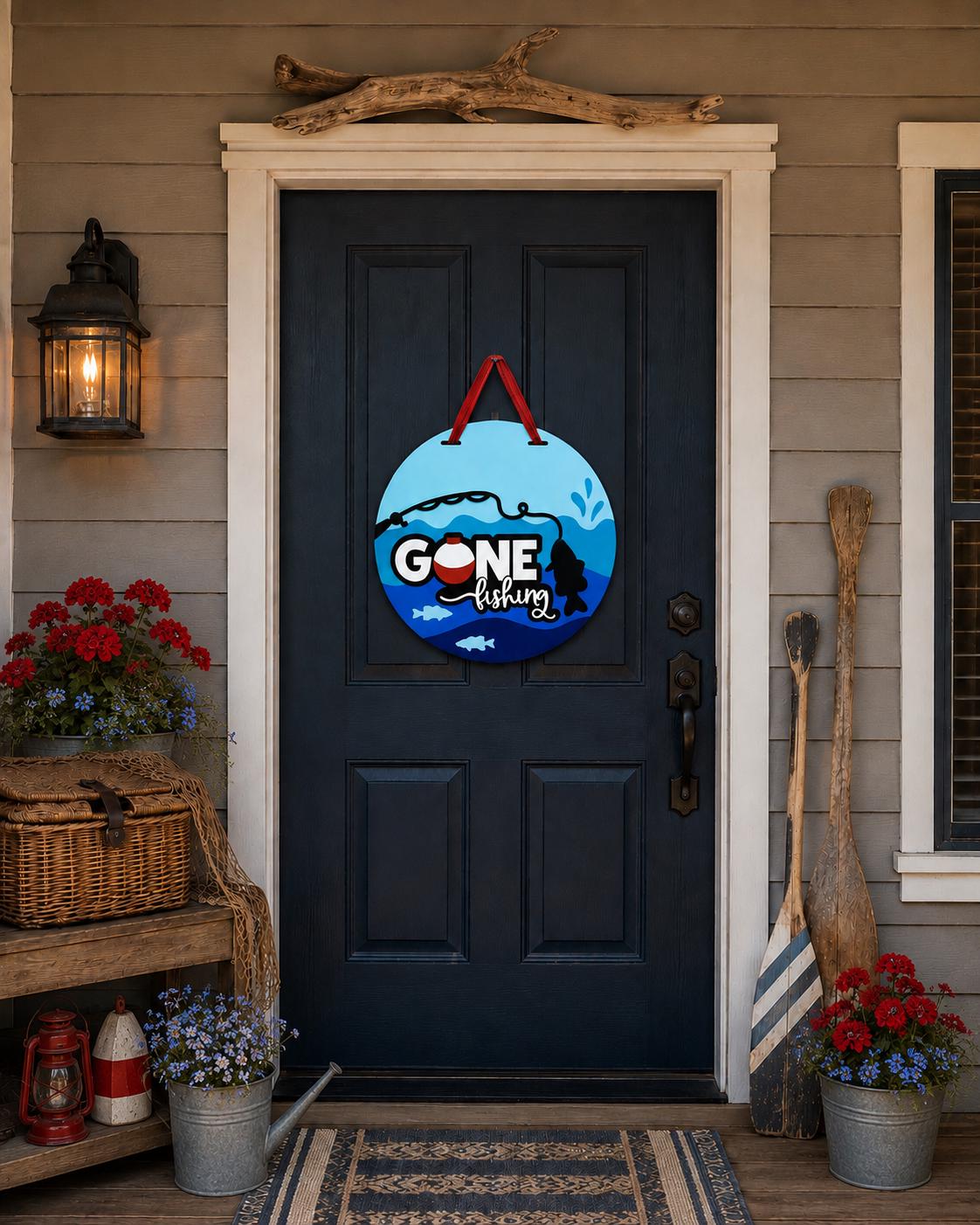 Gone Fishing Door Hanger, 16 Inch Layered Wood Sign, Lake House Decor, Fisherman Gift