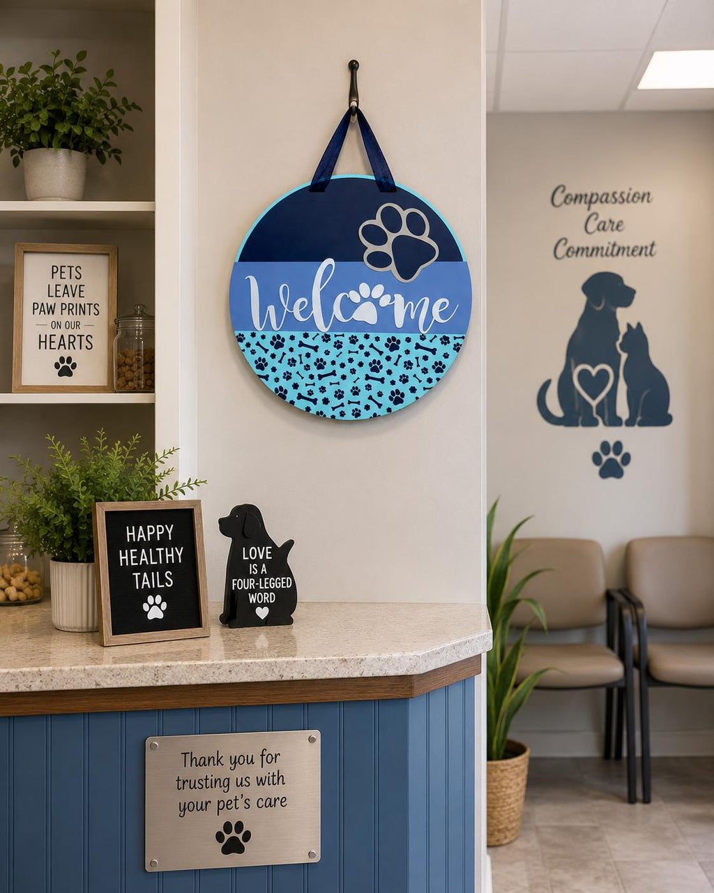 16 Inch Round Wooden Dog Welcome Sign, Paw Print Door Hanger, Pet Lover Decor