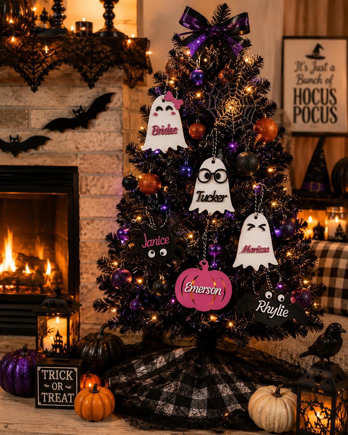 Personalized Halloween Name Tag, Wooden Trick or Treat Basket Charm, Ghost Pumpkin Bat Spider
