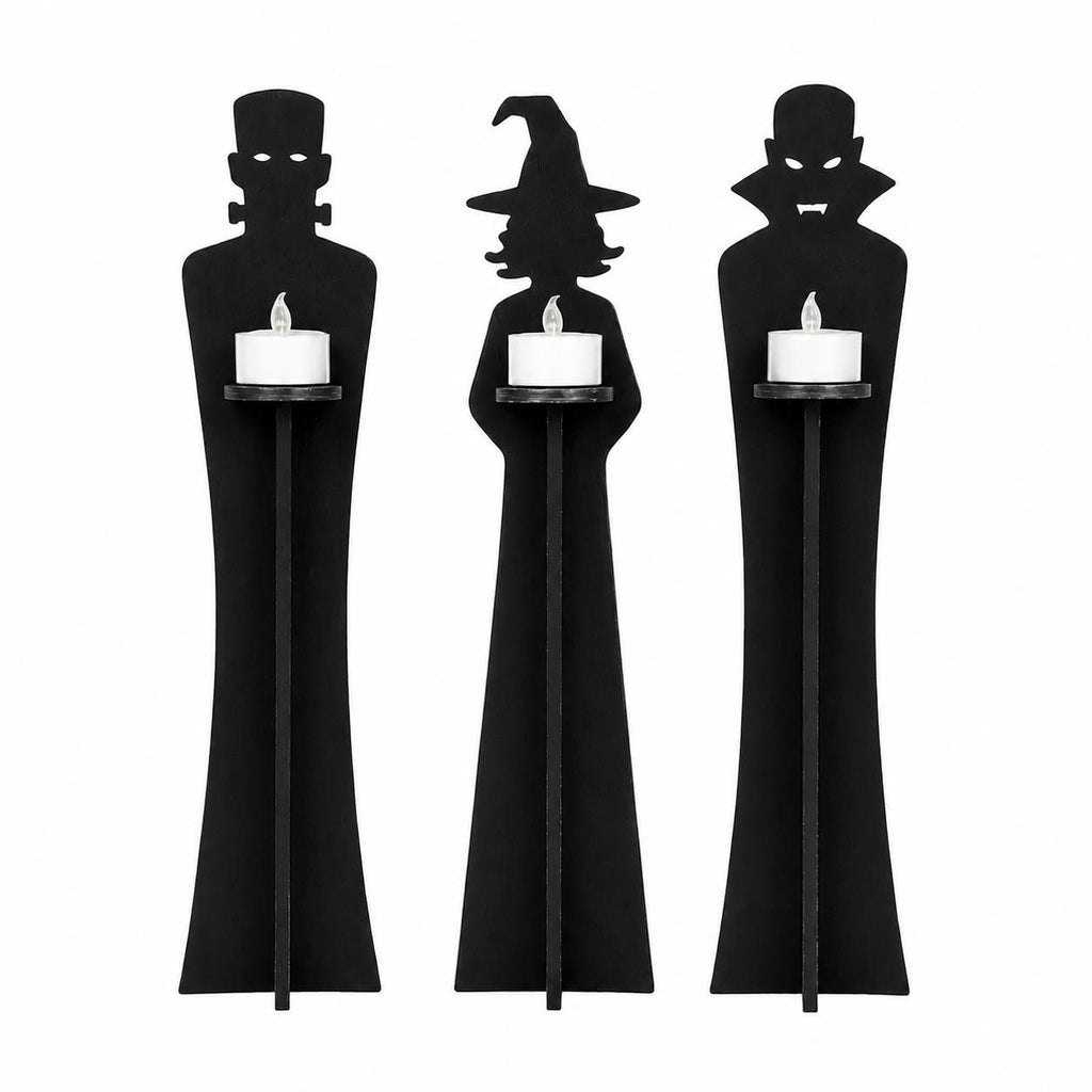 Set of 3 Halloween Tea Light Holders | Vampire, Witch, Monster Figures, Rustic Decor