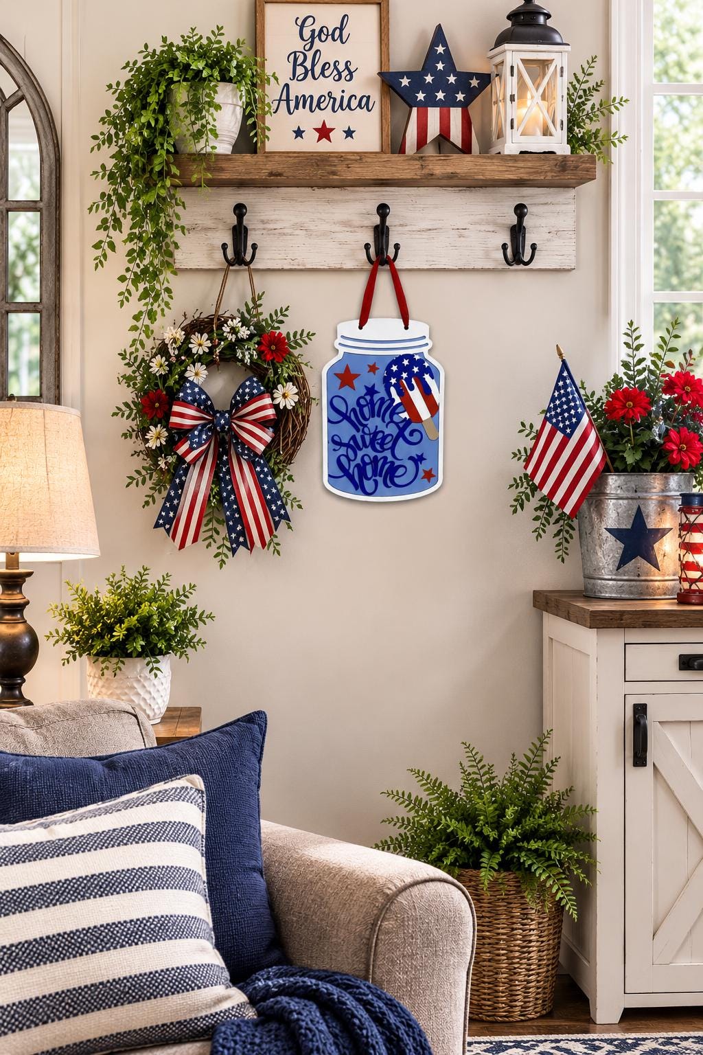 Patriotic Mason Jar Sign, Home Sweet Home Door Hanger, Americana Summer Decor