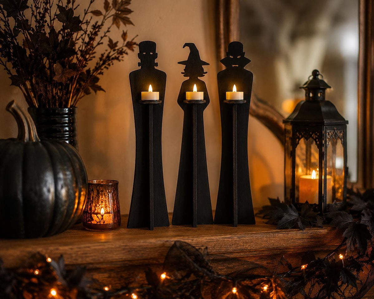 Set of 3 Halloween Tea Light Holders | Vampire, Witch, Monster Figures, Rustic Decor