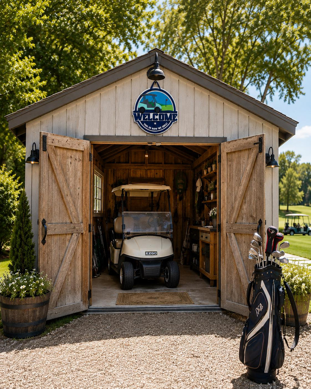 Golf Cart Welcome Sign, 16 Inch Round Door Decor, Golf Course Scene