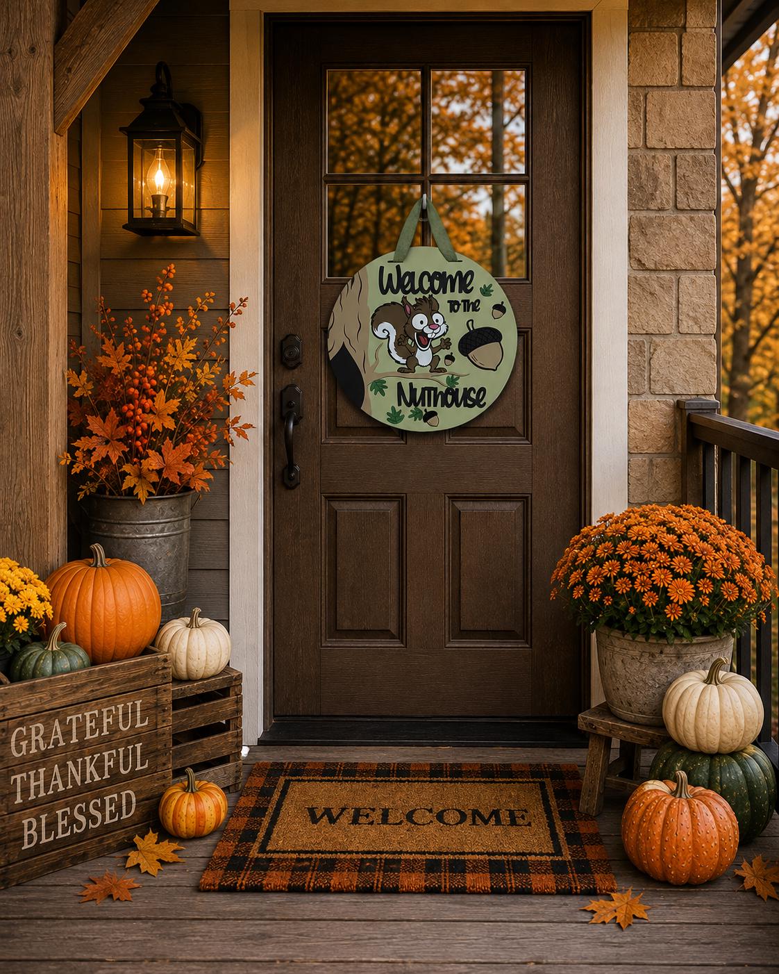 Welcome to the Nuthouse Door Sign | Squirrel Fall Porch Decoration | 16” Wood Sign