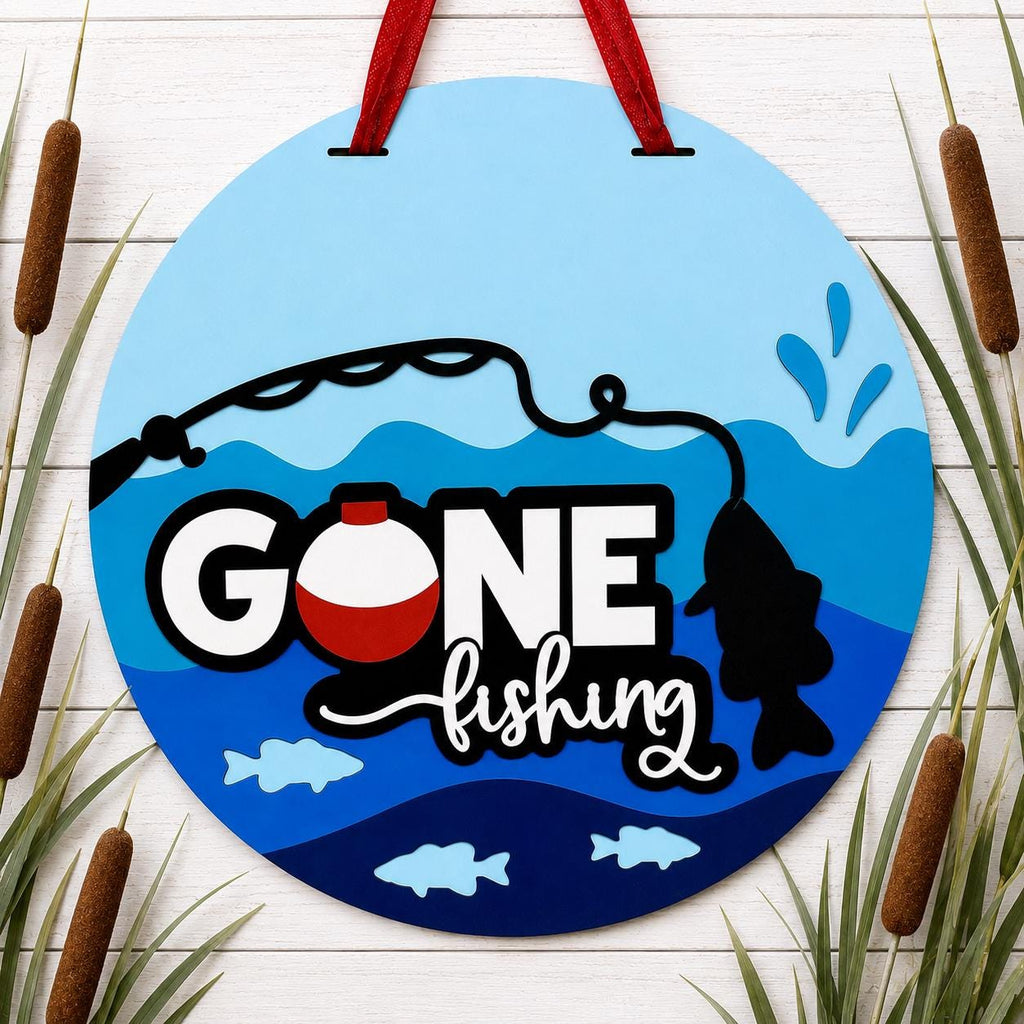 Gone Fishing Door Hanger, 16 Inch Layered Wood Sign, Lake House Decor, Fisherman Gift