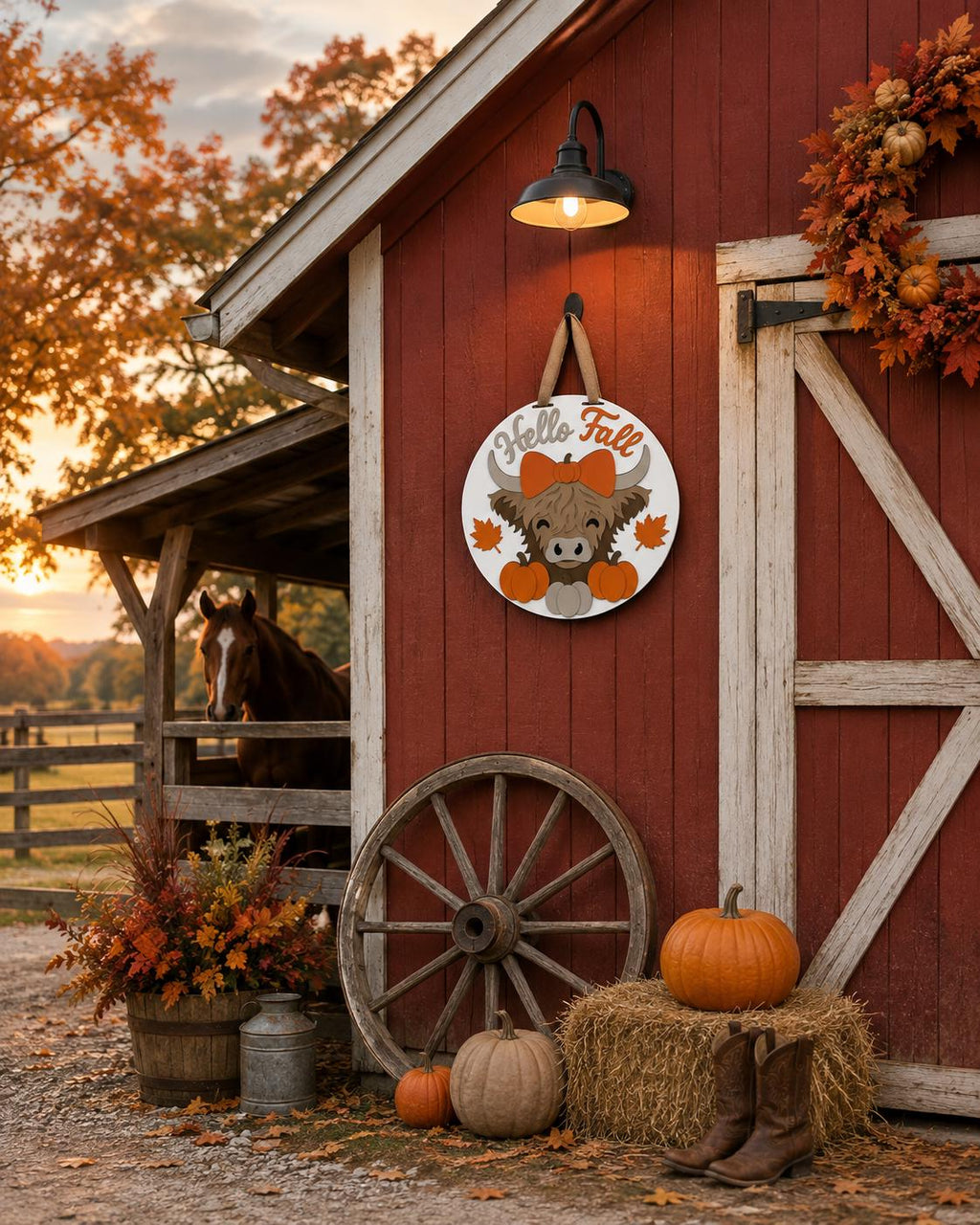 Hand-Painted Highland Cow Fall Door Hanger, Layered Autumn Porch Sign