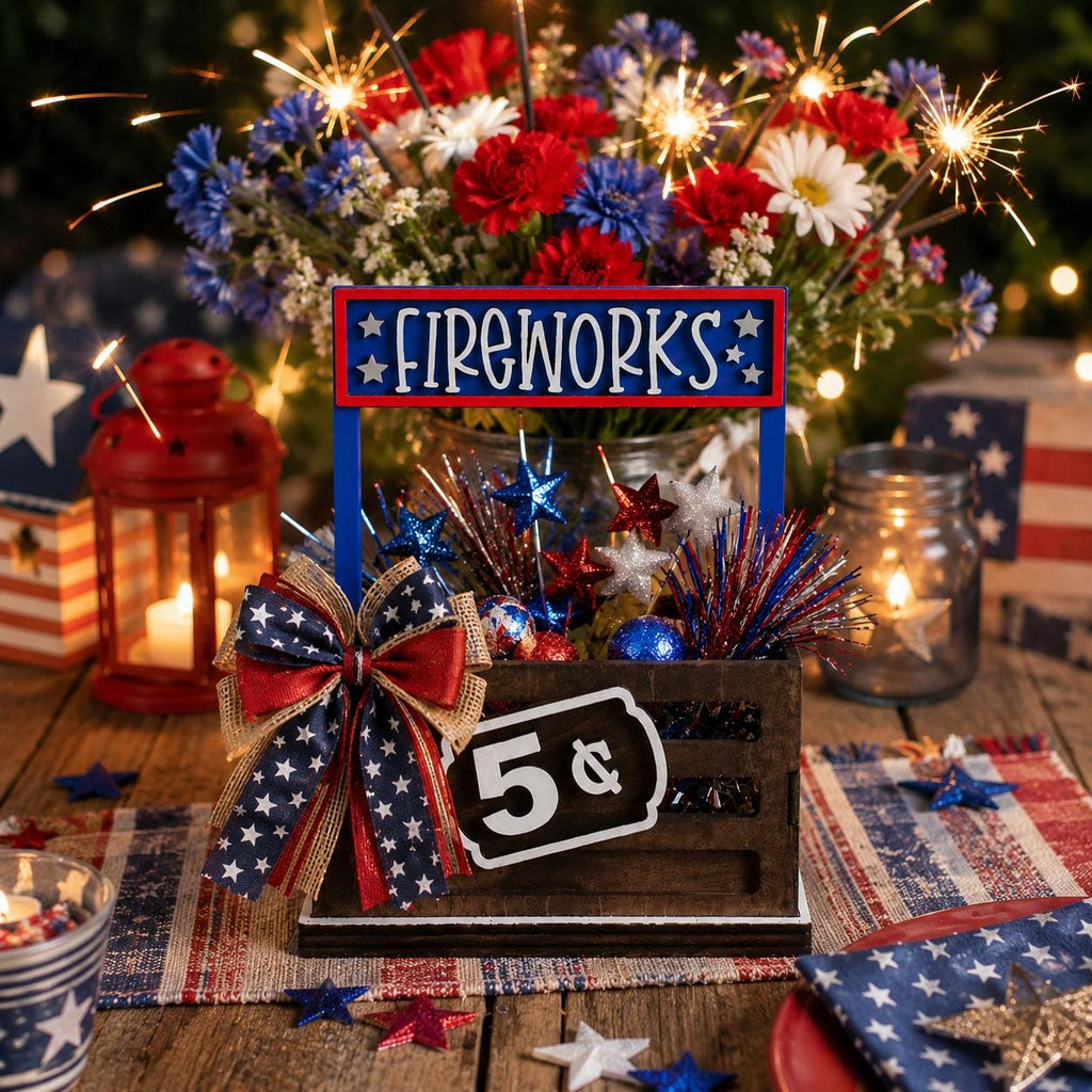 Fireworks Interchangeable Crate Sign, Fourth of July Wood Sign, Patriotic Tabletop Decor, Tiered Tray Decor, Shelf Decor