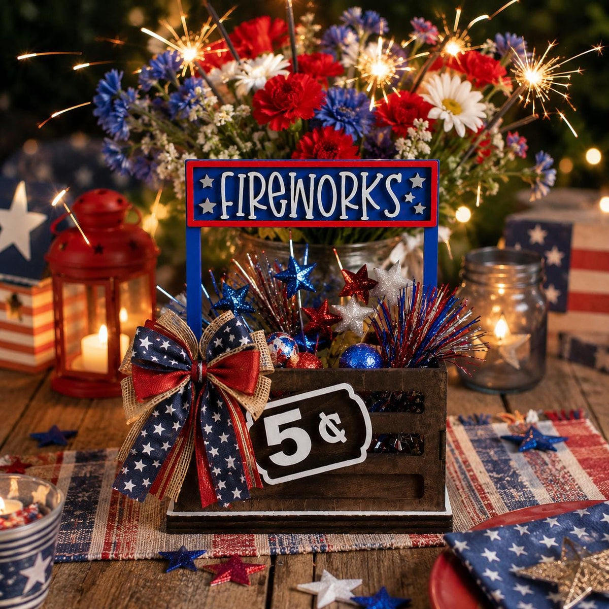 Fireworks Interchangeable Crate Sign, Fourth of July Wood Sign, Patriotic Tabletop Decor, Tiered Tray Decor, Shelf Decor