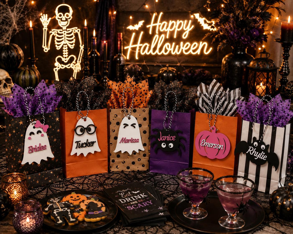 Personalized Halloween Name Tag, Wooden Trick or Treat Basket Charm, Ghost Pumpkin Bat Spider