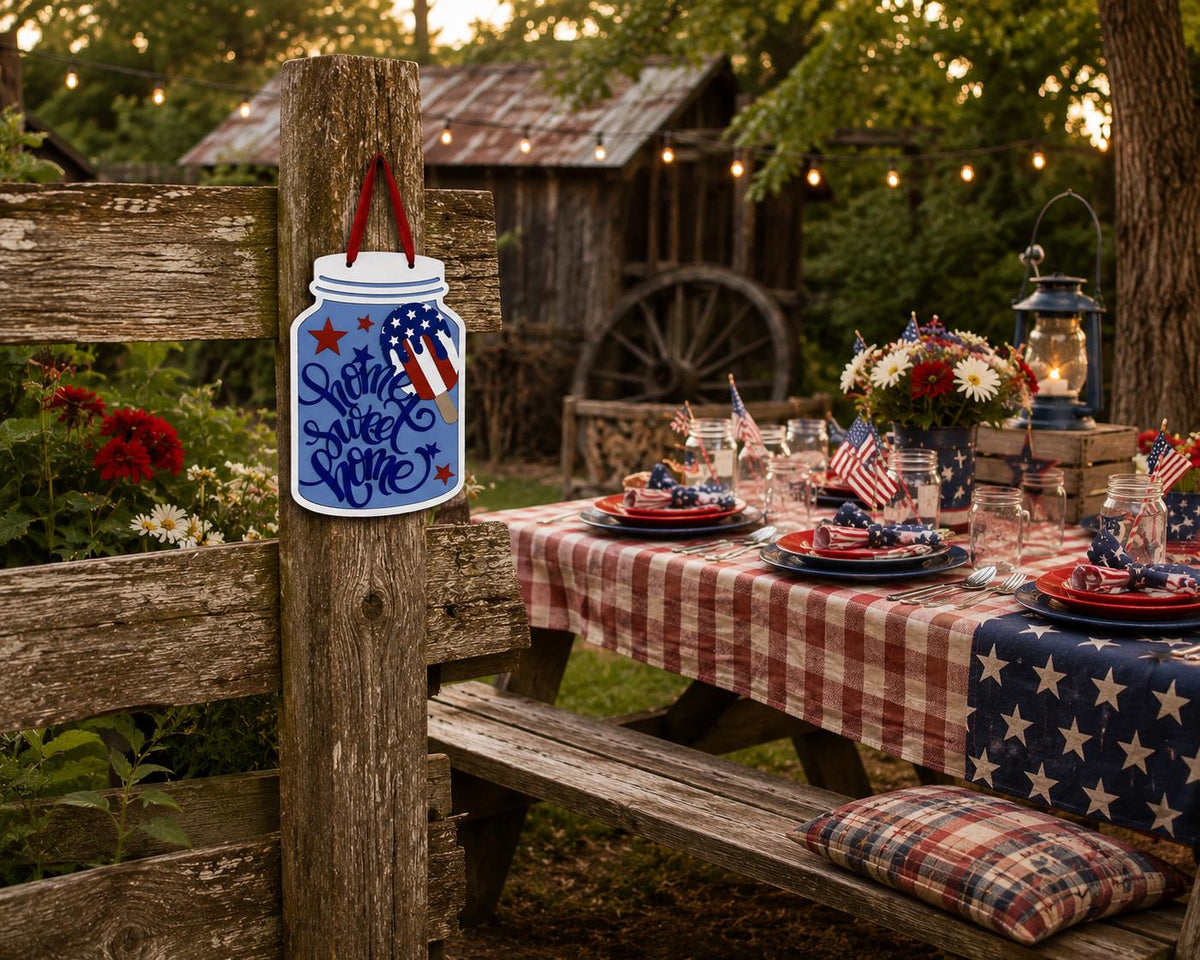 Patriotic Mason Jar Sign, Home Sweet Home Door Hanger, Americana Summer Decor