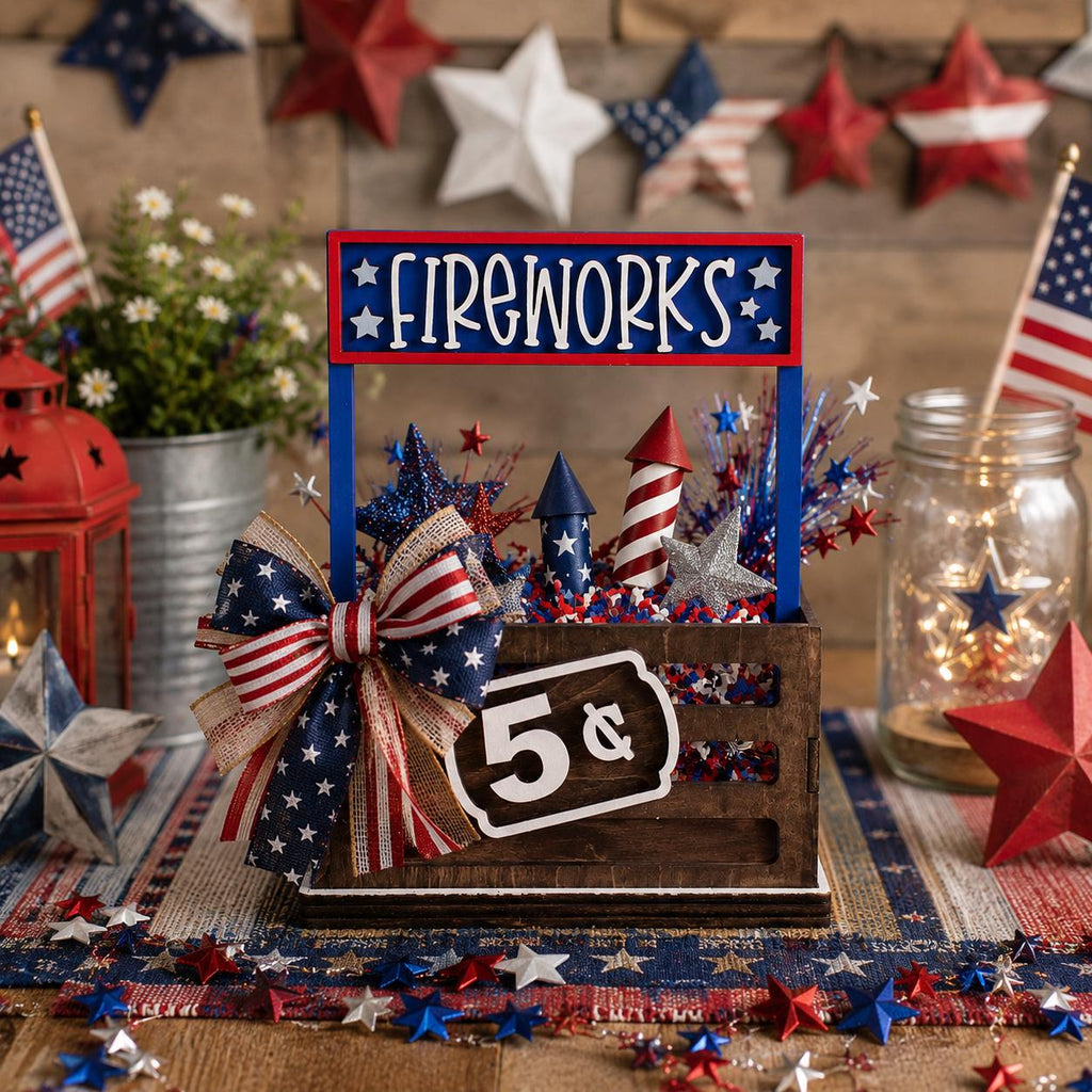 Fireworks Interchangeable Crate Sign, Fourth of July Wood Sign, Patriotic Tabletop Decor, Tiered Tray Decor, Shelf Decor