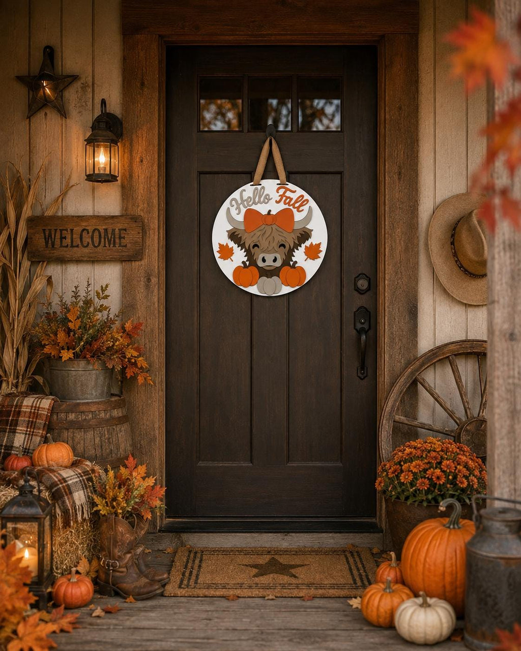 Hand-Painted Highland Cow Fall Door Hanger, Layered Autumn Porch Sign