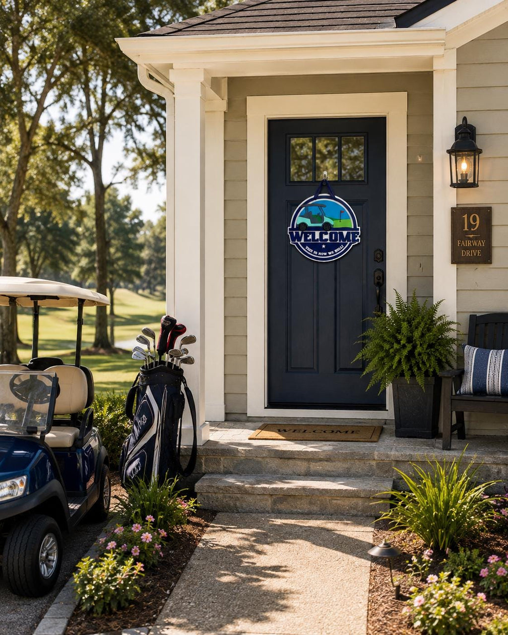 Golf Cart Welcome Sign, 16 Inch Round Door Decor, Golf Course Scene