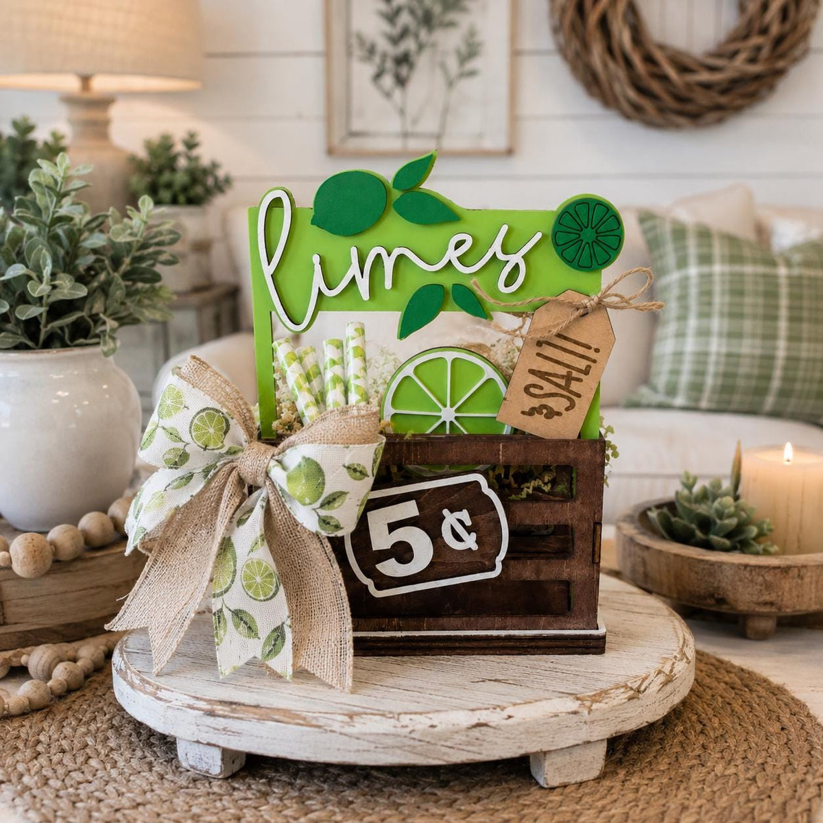Limes Interchangeable Sign & Wooden Crate | Summer Citrus Decor | Farmhouse Kitchen Decor | Tiered Tray Accent | Handmade Shelf Sitter