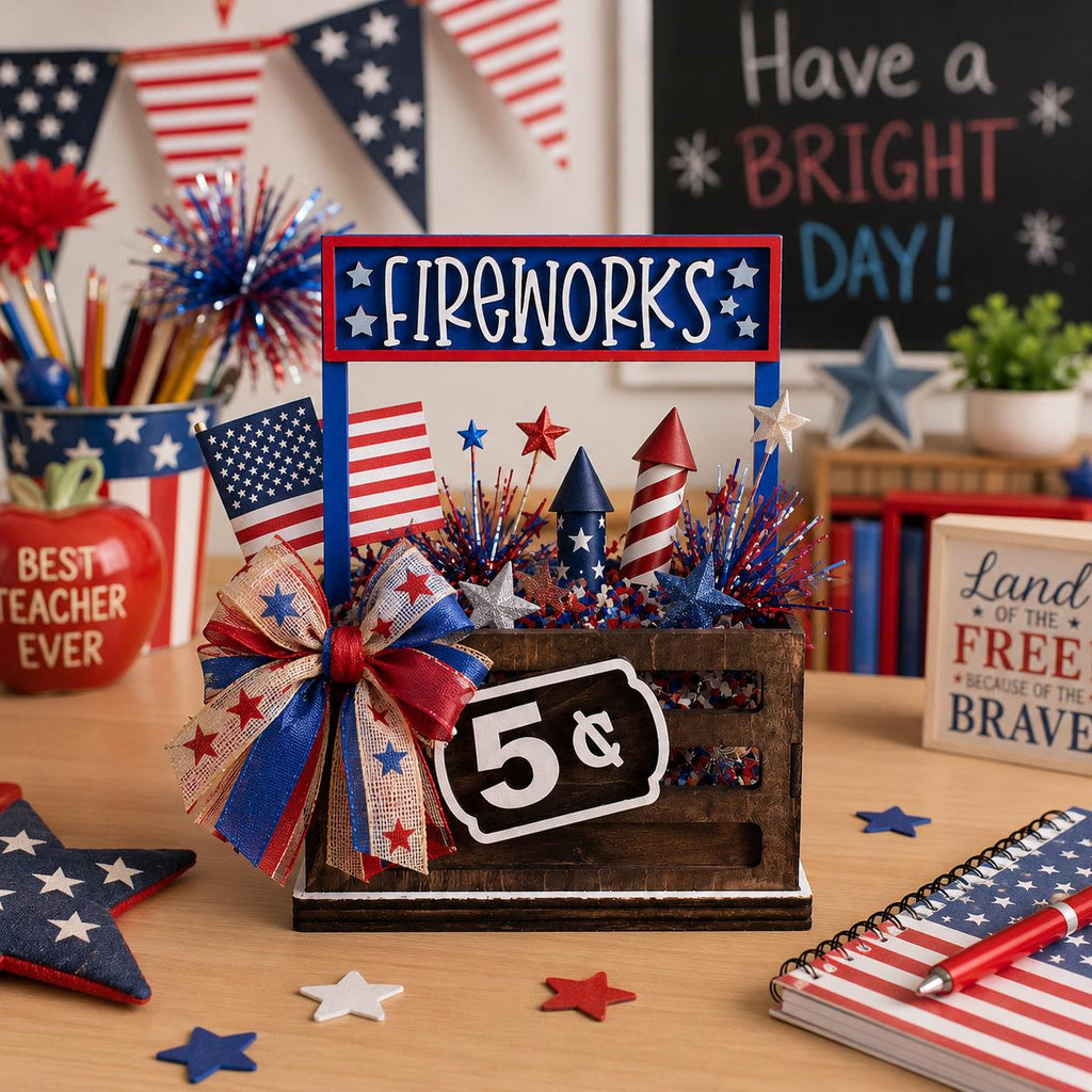 Fireworks Interchangeable Crate Sign, Fourth of July Wood Sign, Patriotic Tabletop Decor, Tiered Tray Decor, Shelf Decor