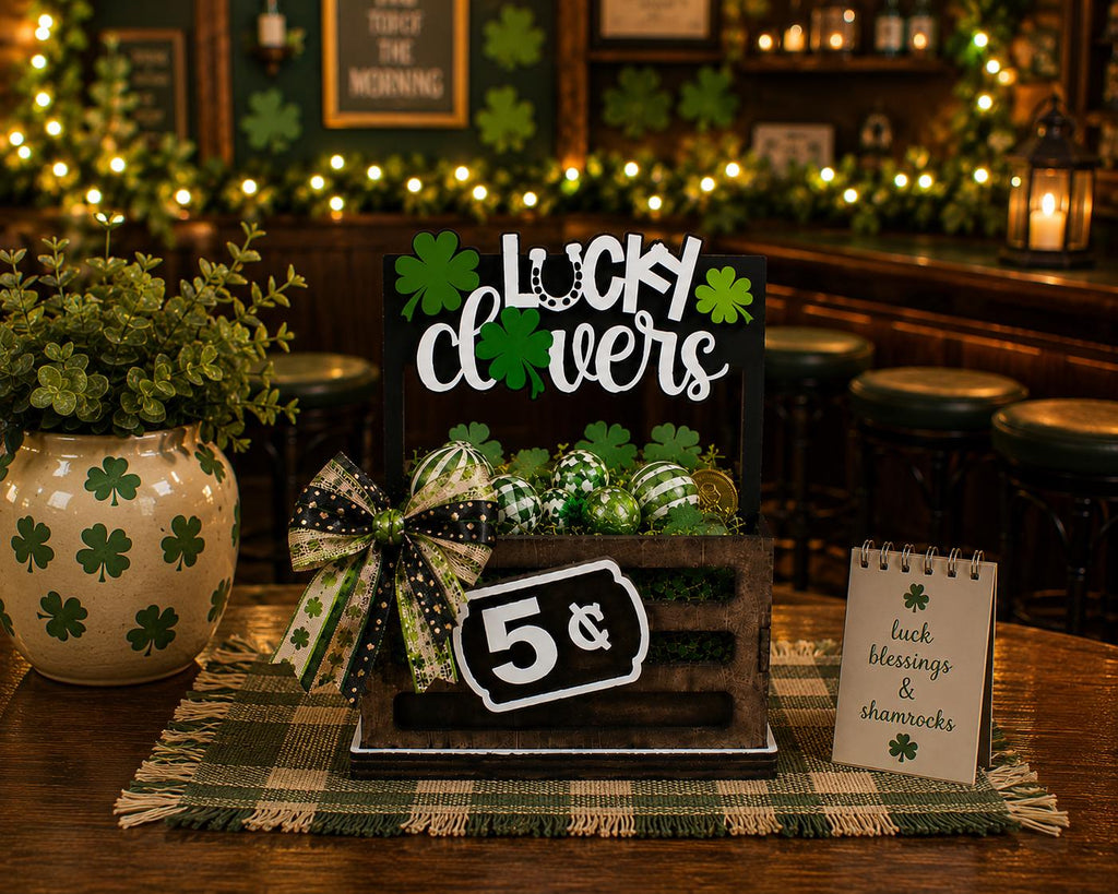 Lucky Clovers Interchangeable Crate Sign, St Patrick’s Day Wood Insert, Irish Tabletop Decor, Tiered Tray Decor, Shelf Decor