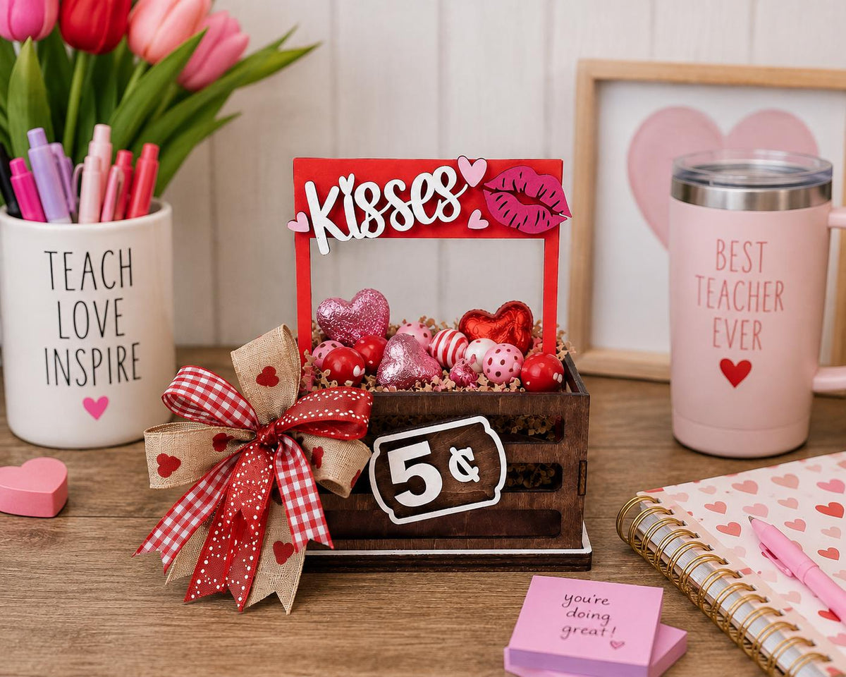 Valentines Interchangeable Crate Sign, Kisses Wood Insert, Valentines Tabletop Decor, Tiered Tray Decor, Shelf Decor