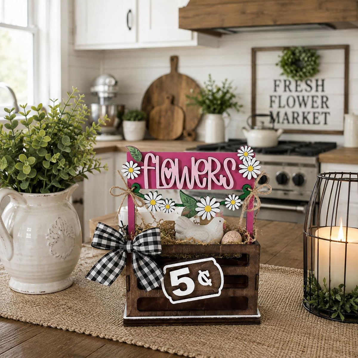 Flowers Interchangeable Crate Sign, Daisy Wood Sign, Farmers Market Decor, Farmhouse Tabletop Decor, Shelf Decor