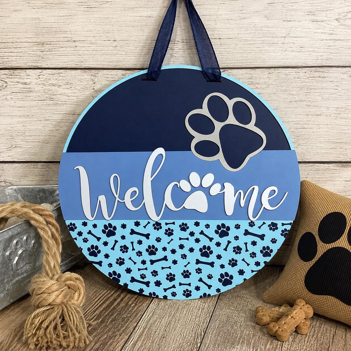 16 Inch Round Wooden Dog Welcome Sign, Paw Print Door Hanger, Pet Lover Decor