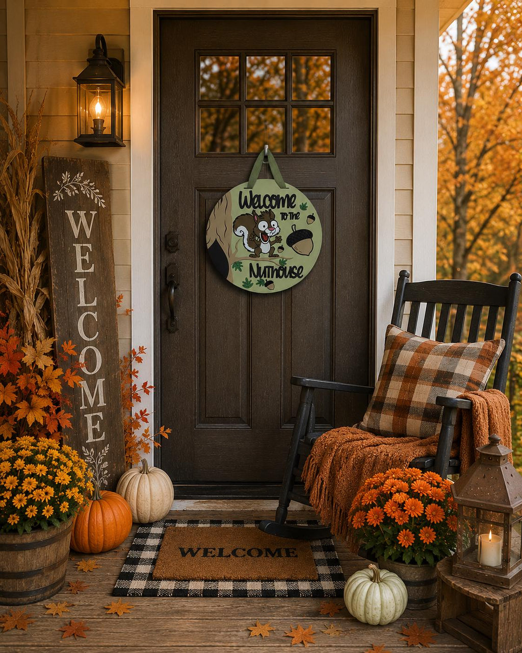 Welcome to the Nuthouse Door Sign | Squirrel Fall Porch Decoration | 16” Wood Sign