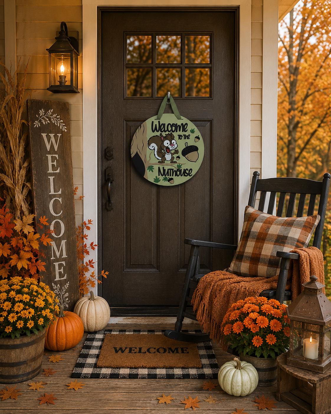 Welcome to the Nuthouse Door Sign | Squirrel Fall Porch Decoration | 16” Wood Sign