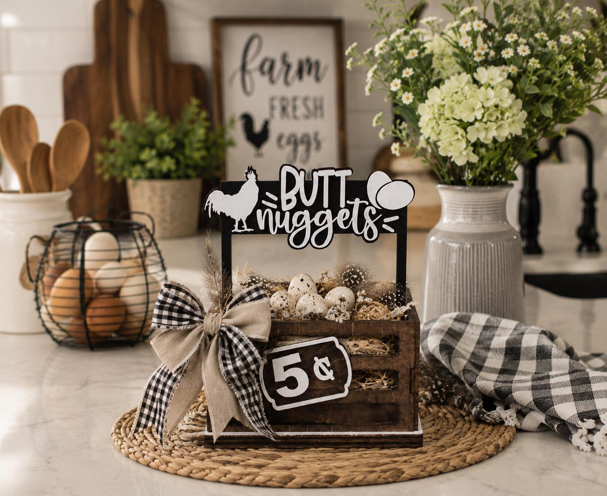Butt Nuggets Interchangeable Crate Sign, Chicken Egg Wood Sign, Farmhouse Tabletop Decor, Farmers Market Decor, Shelf Decor
