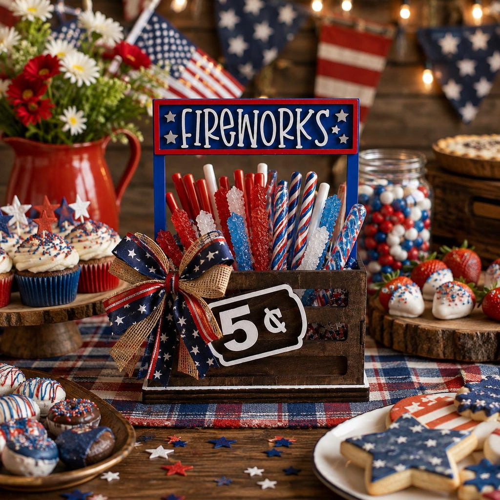 Fireworks Interchangeable Crate Sign, Fourth of July Wood Sign, Patriotic Tabletop Decor, Tiered Tray Decor, Shelf Decor