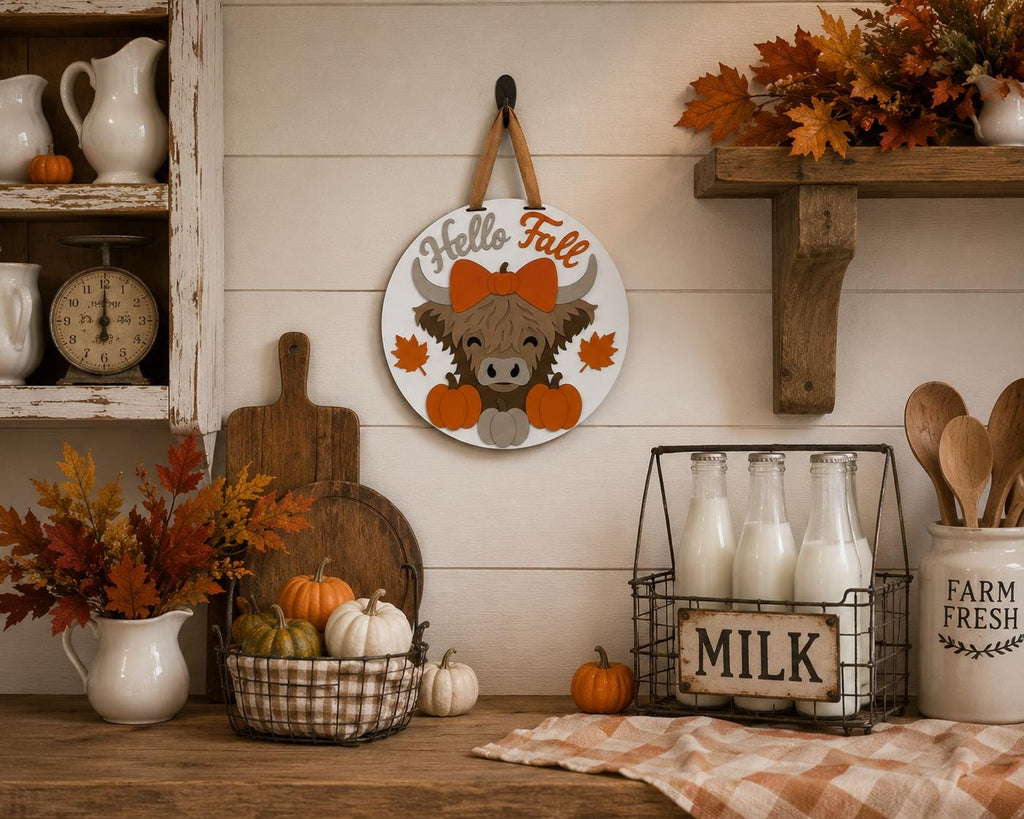 Hand-Painted Highland Cow Fall Door Hanger, Layered Autumn Porch Sign