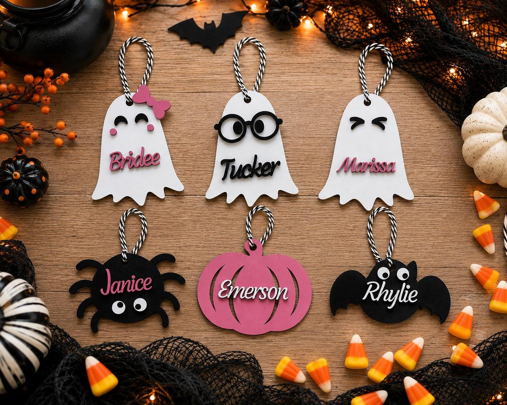 Personalized Halloween Name Tag, Wooden Trick or Treat Basket Charm, Ghost Pumpkin Bat Spider
