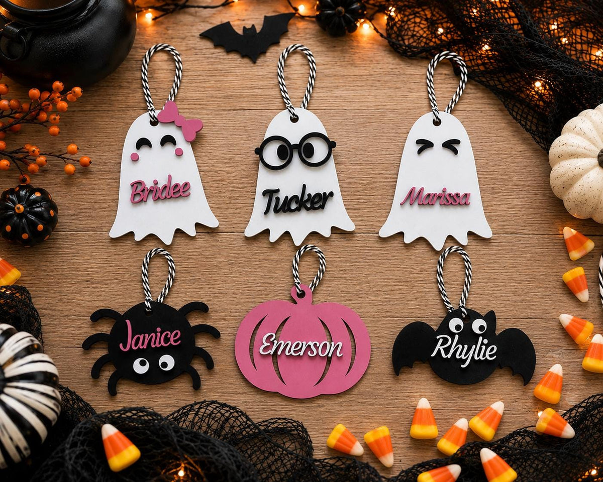Personalized Halloween Name Tag, Wooden Trick or Treat Basket Charm, Ghost Pumpkin Bat Spider