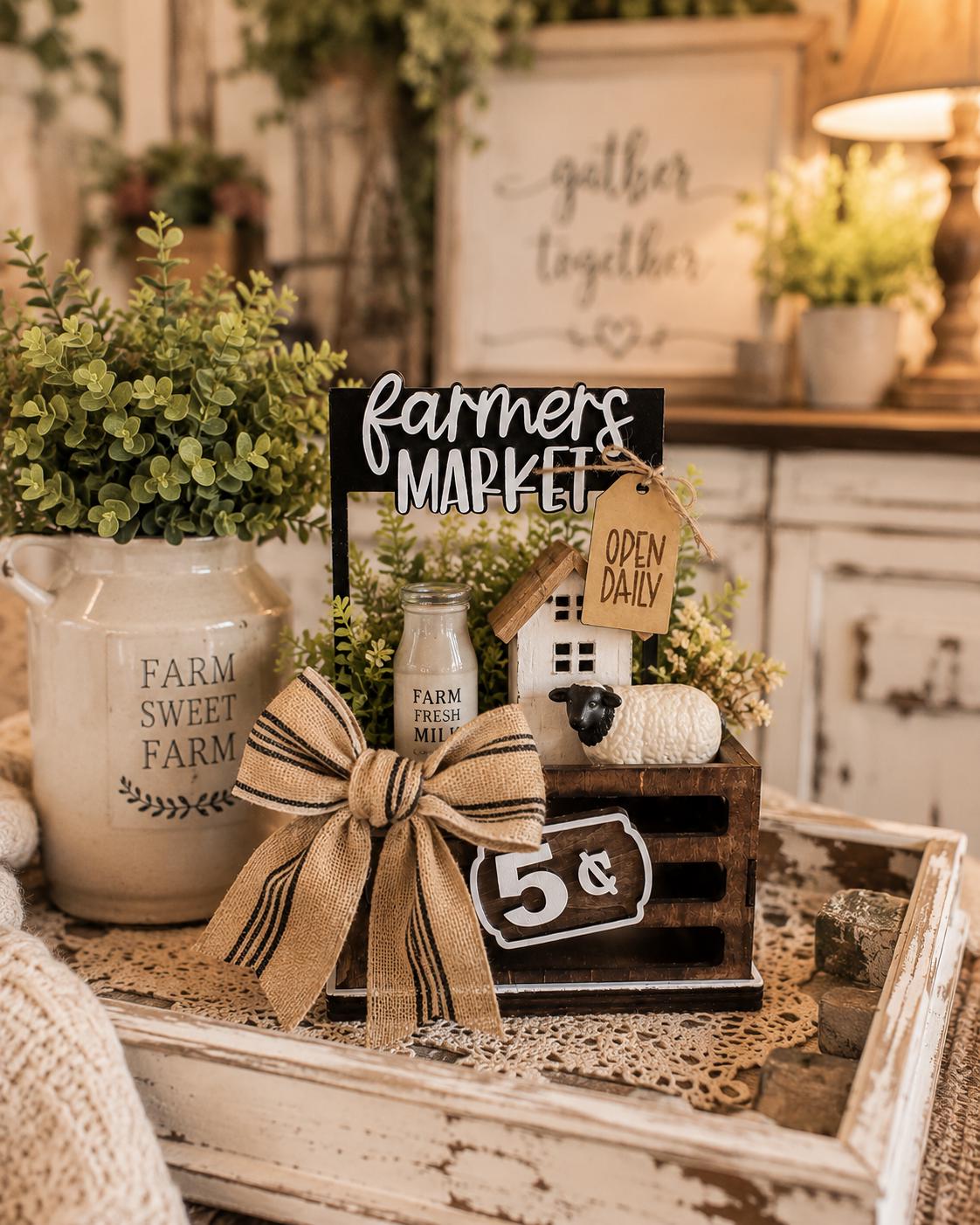 Farmers Market Interchangeable Crate Sign, Farmhouse Wood Sign, Farm Fresh Tabletop Decor, Country Kitchen Decor, Shelf Decor