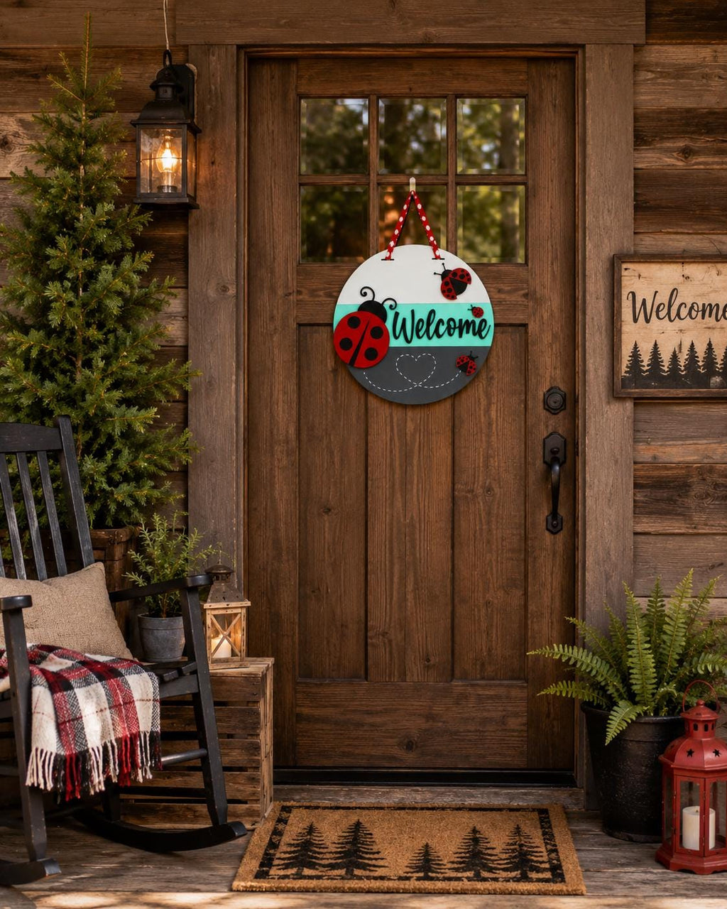 Handmade Ladybug Welcome Door Sign, 16" Layered Wood Porch Decor