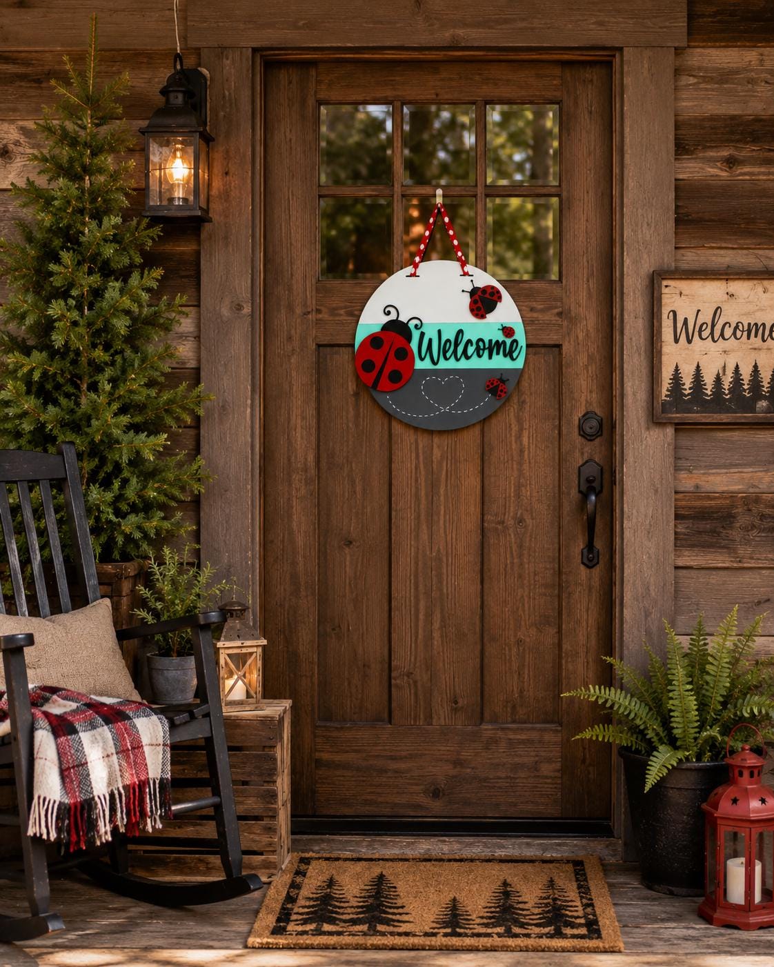 Handmade Ladybug Welcome Door Sign, 16" Layered Wood Porch Decor