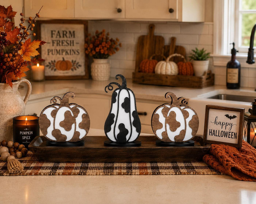 Set of 3 Cow Print Wooden Pumpkins, Rustic Western Farmhouse Fall Decor