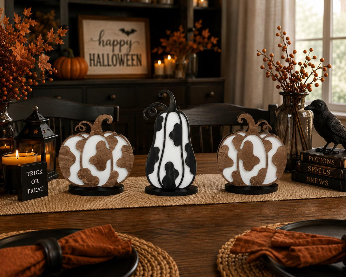Set of 3 Cow Print Wooden Pumpkins, Rustic Western Farmhouse Fall Decor