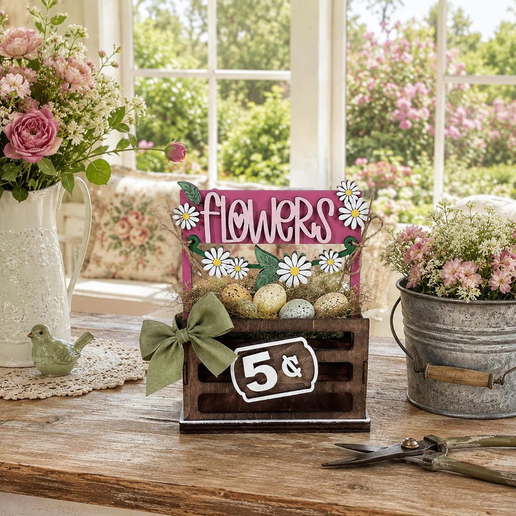 Flowers Interchangeable Crate Sign, Daisy Wood Sign, Farmers Market Decor, Farmhouse Tabletop Decor, Shelf Decor