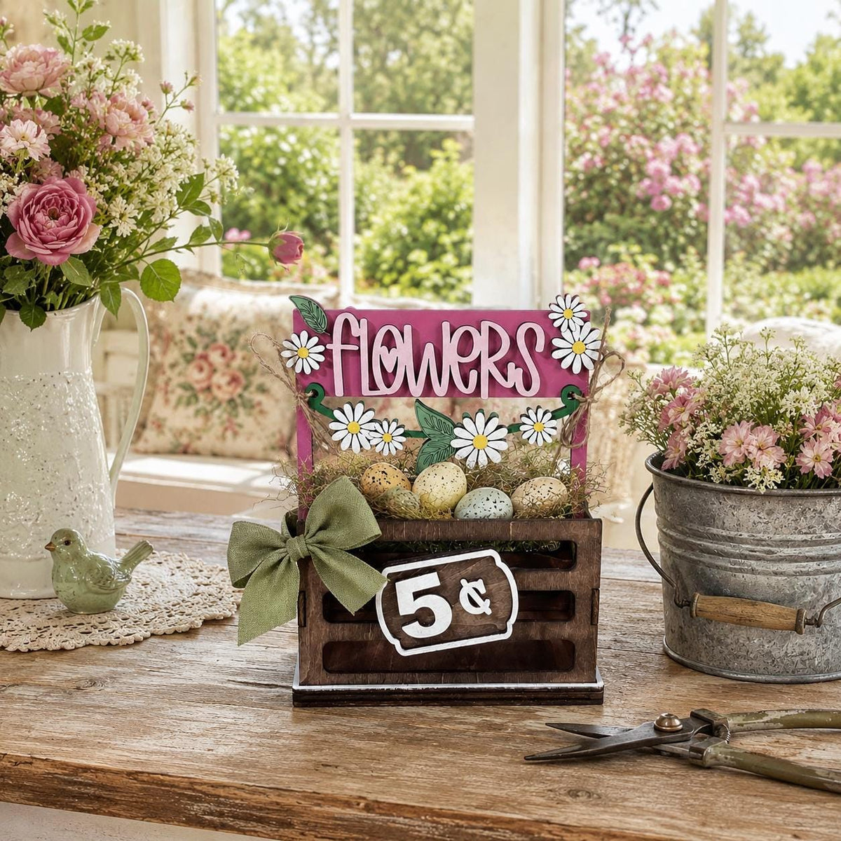 Flowers Interchangeable Crate Sign, Daisy Wood Sign, Farmers Market Decor, Farmhouse Tabletop Decor, Shelf Decor