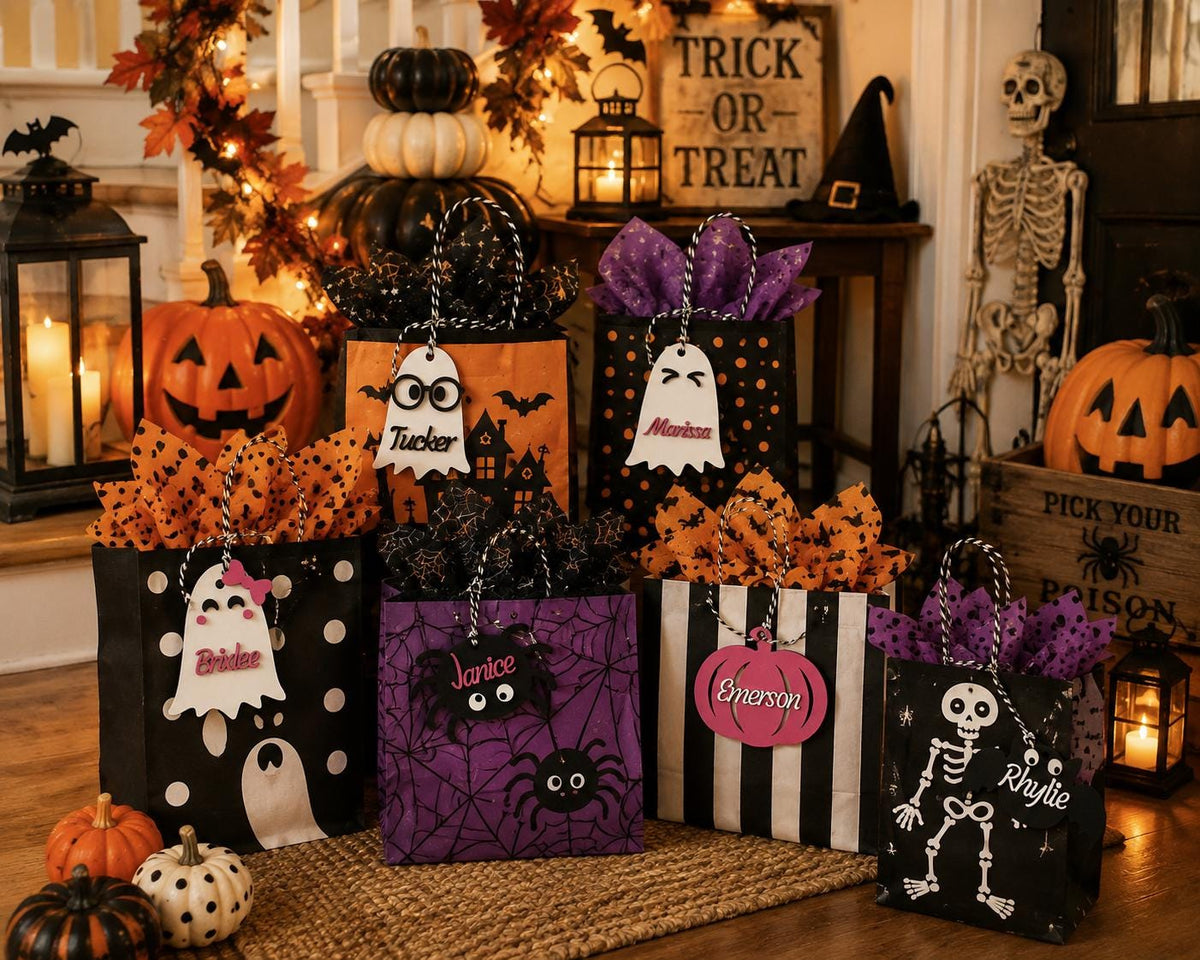Personalized Halloween Name Tag, Wooden Trick or Treat Basket Charm, Ghost Pumpkin Bat Spider