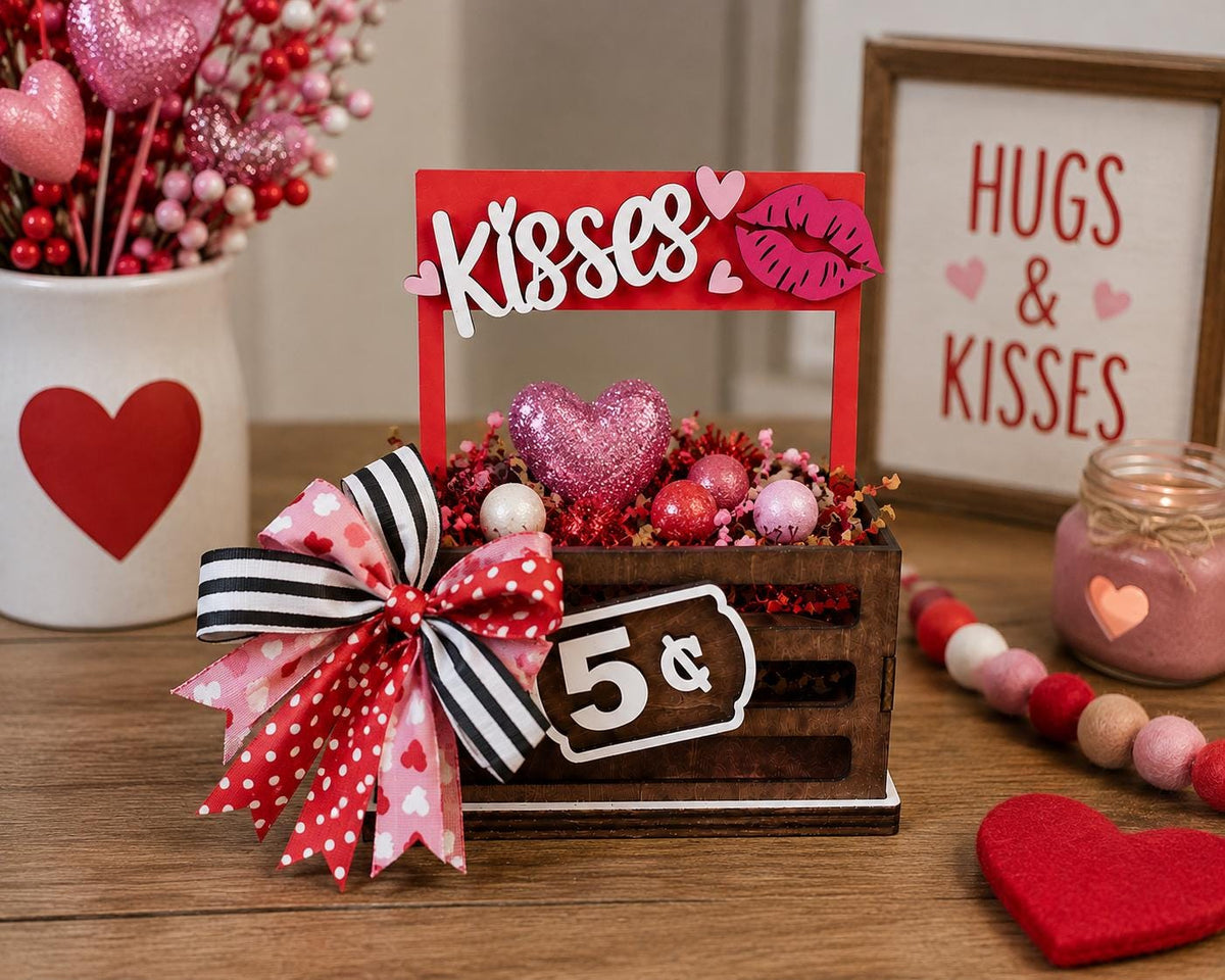 Valentines Interchangeable Crate Sign, Kisses Wood Insert, Valentines Tabletop Decor, Tiered Tray Decor, Shelf Decor