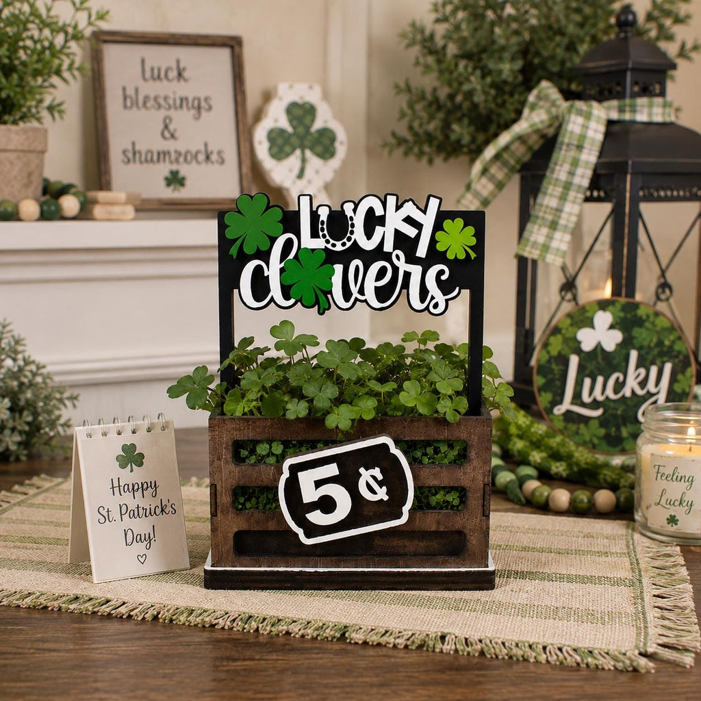 Lucky Clovers Interchangeable Crate Sign, St Patrick’s Day Wood Insert, Irish Tabletop Decor, Tiered Tray Decor, Shelf Decor