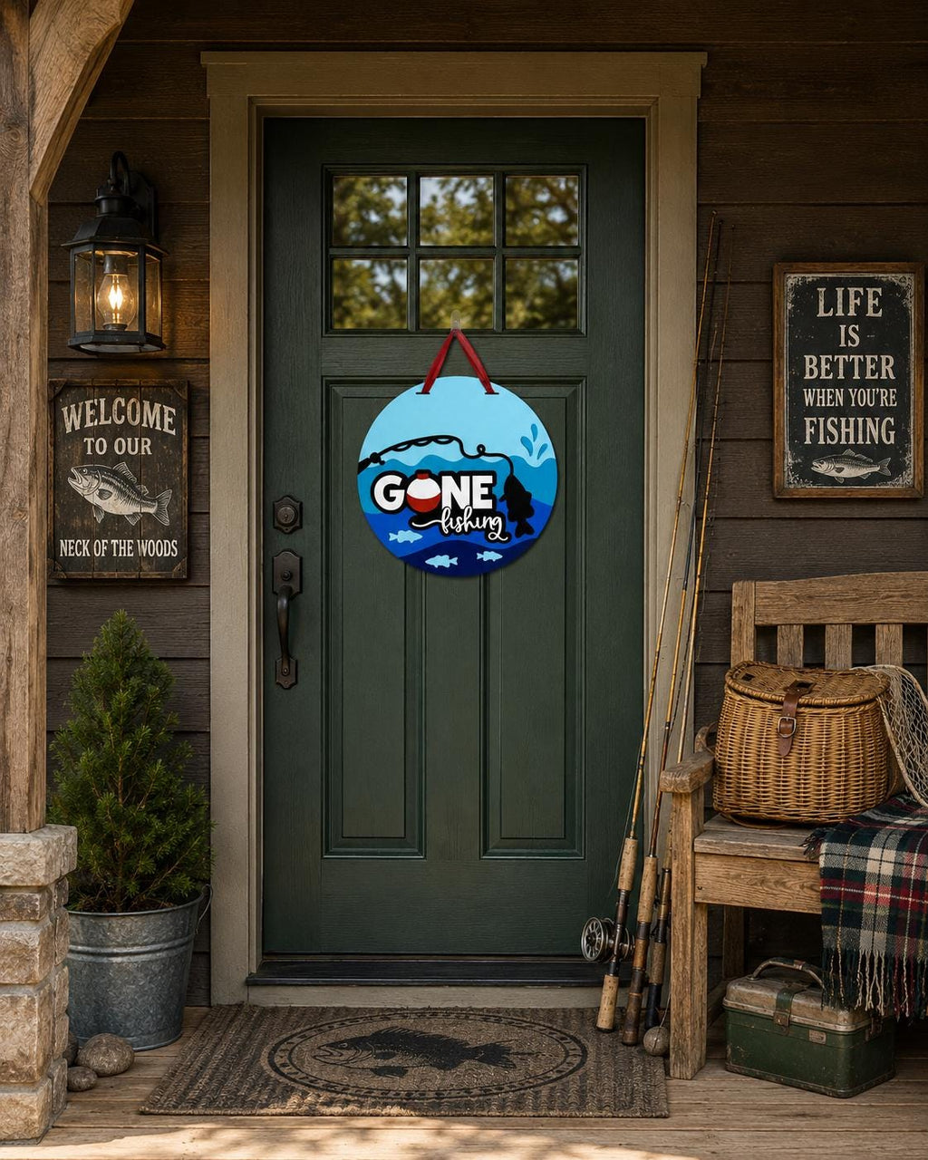 Gone Fishing Door Hanger, 16 Inch Layered Wood Sign, Lake House Decor, Fisherman Gift