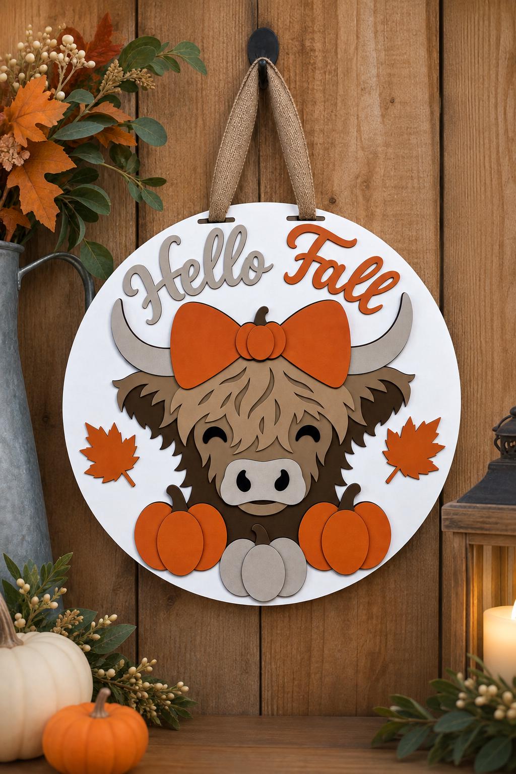 Hand-Painted Highland Cow Fall Door Hanger, Layered Autumn Porch Sign