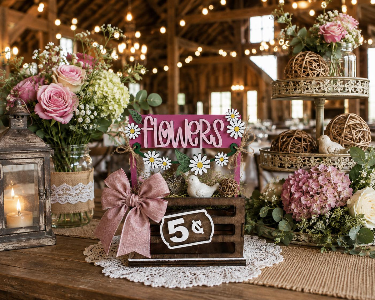 Flowers Interchangeable Crate Sign, Daisy Wood Sign, Farmers Market Decor, Farmhouse Tabletop Decor, Shelf Decor