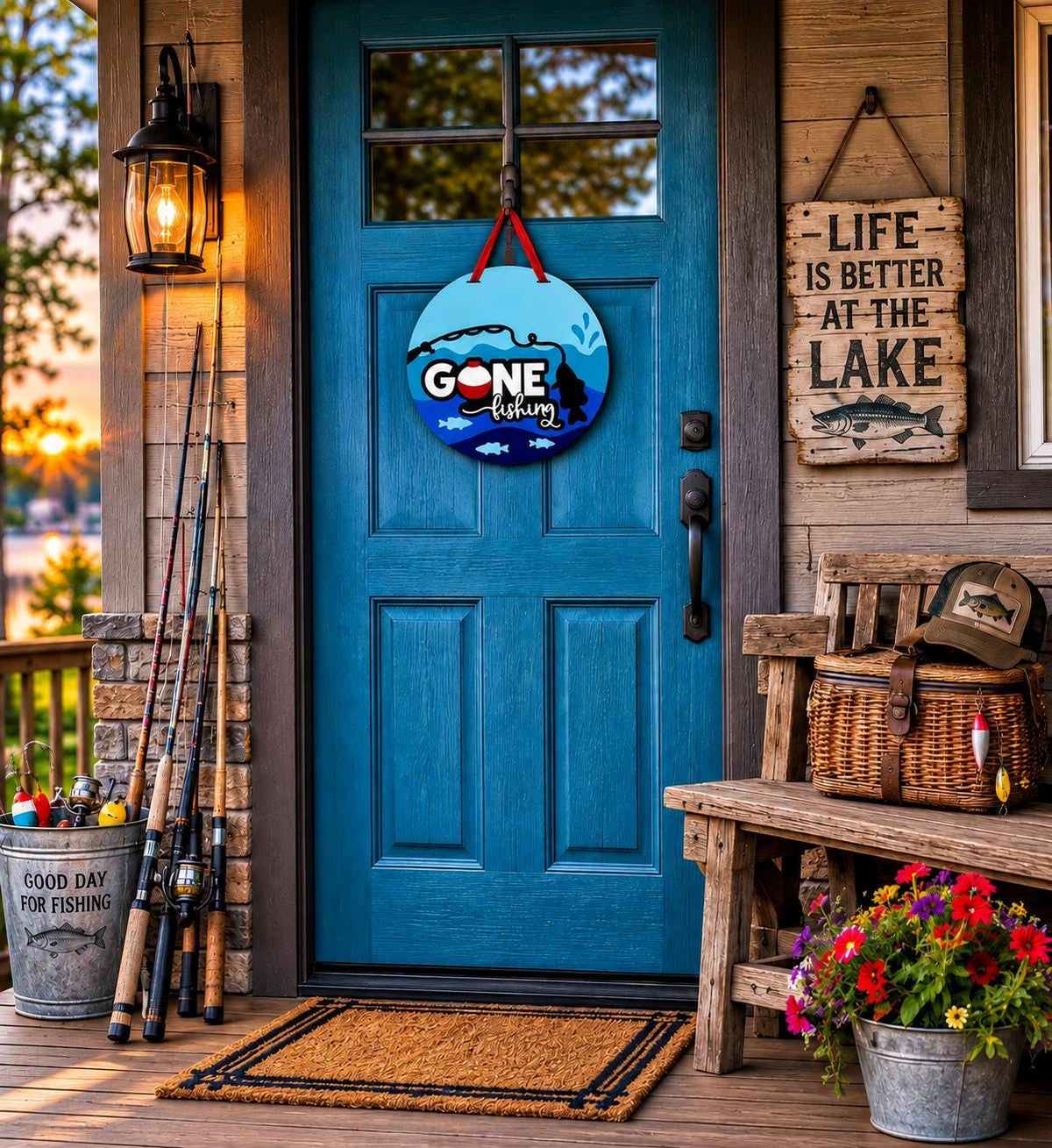 Gone Fishing Door Hanger, 16 Inch Layered Wood Sign, Lake House Decor, Fisherman Gift