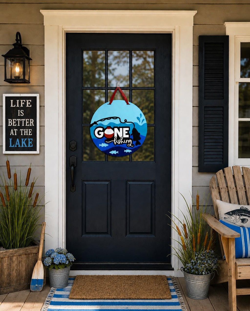Gone Fishing Door Hanger, 16 Inch Layered Wood Sign, Lake House Decor, Fisherman Gift