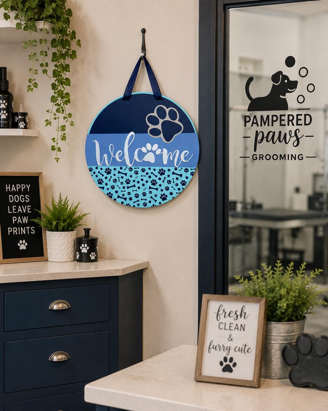 16 Inch Round Wooden Dog Welcome Sign, Paw Print Door Hanger, Pet Lover Decor