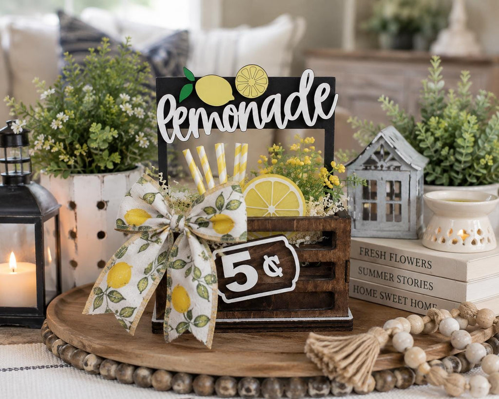 Lemonade Interchangeable Sign & Wooden Crate | Summer Lemon Decor | Farmhouse Kitchen Decor | Tiered Tray Accent | Shelf Sitter
