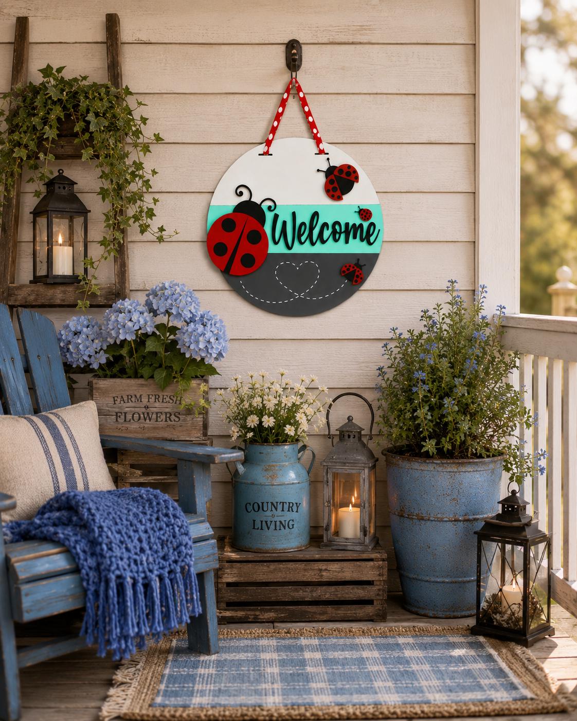 Handmade Ladybug Welcome Door Sign, 16" Layered Wood Porch Decor
